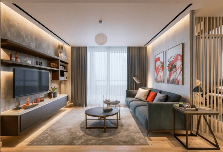 beautifully renovated 2-room HDB flat, showcasing modern design elements and functional use of space.