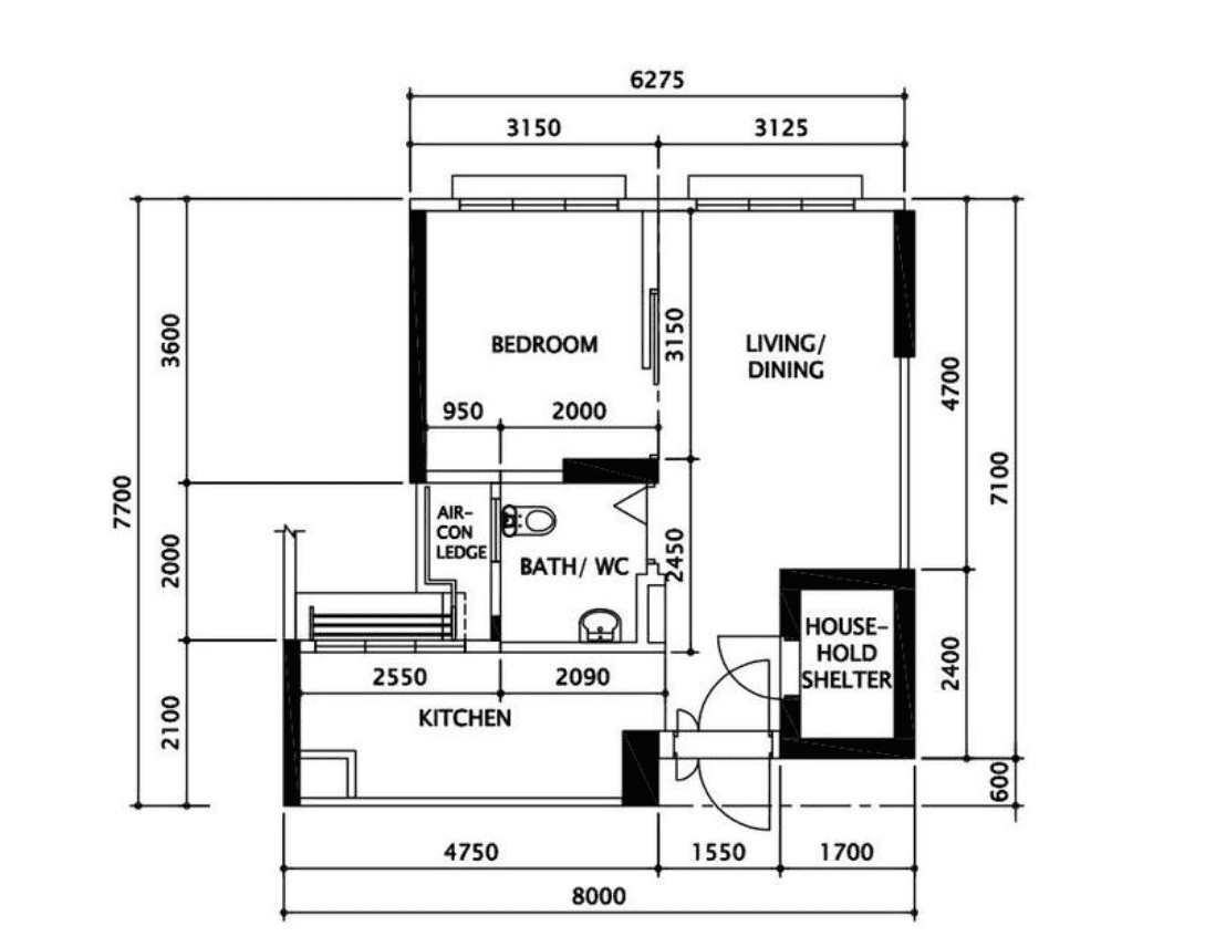Contemporary 2 Room HDB Floor Plan