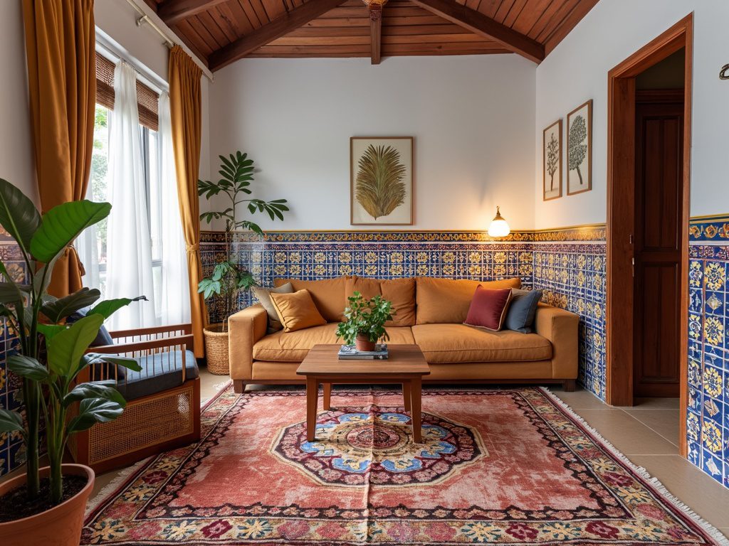 vintage Moroccan rug, handmade Spanish tiles